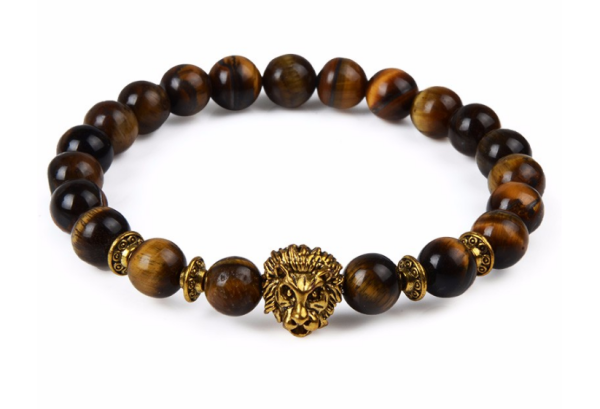 Tigerauge Perlen Armband mit goldfarbenem Löwenkopf